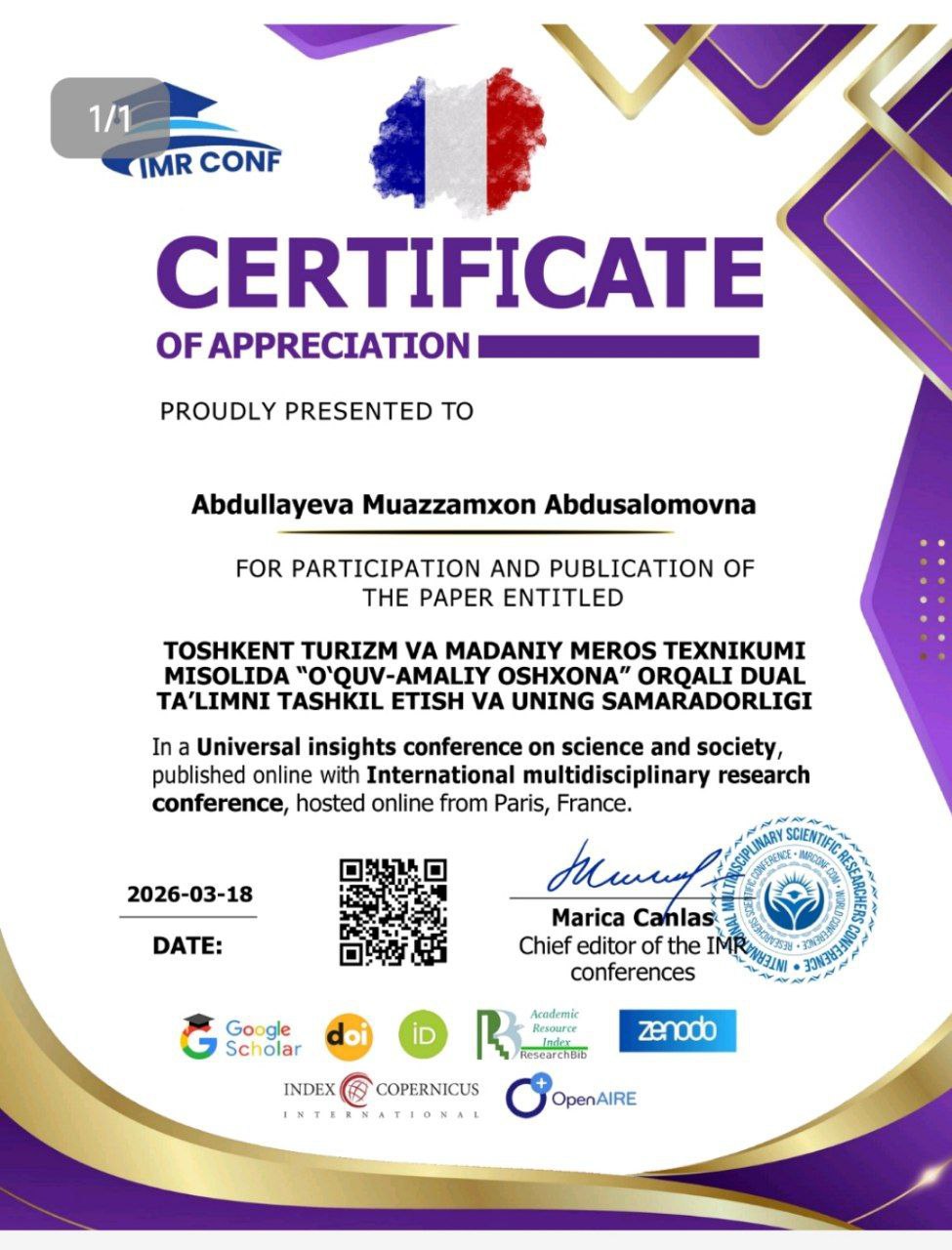 Texnikum o‘qituvchisining maqolasi xalqaro ilmiy jurnalda nashr etildi